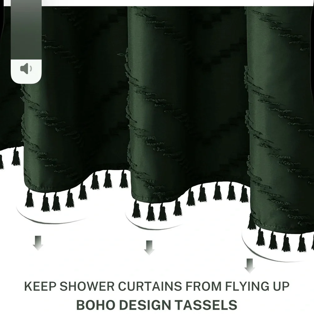 NWT Dark Green Boho Shower Curtain with Tassel Woven Fabric Farmhouse 72 x 72”